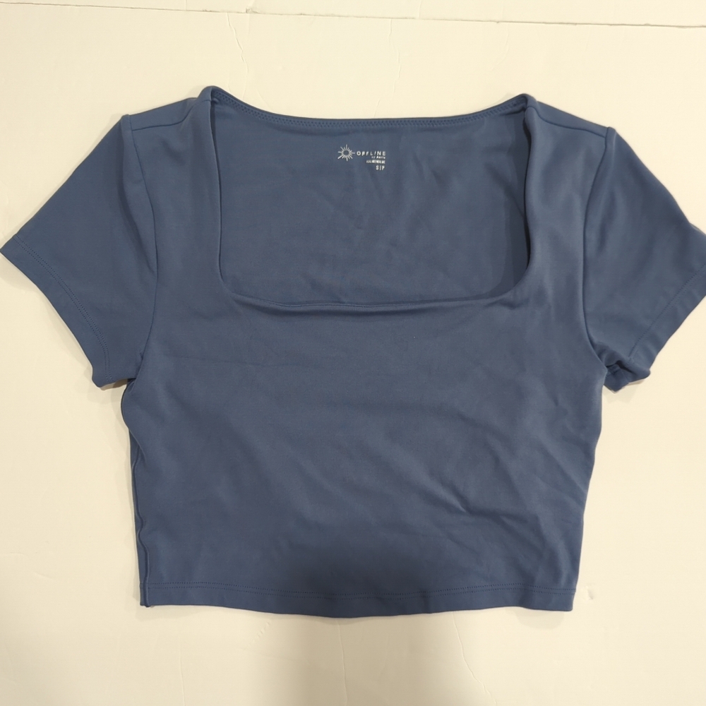 Offline By Aerie Real Me Dusty Blue  Square Neck Short Sleeve Crop Top - Women S